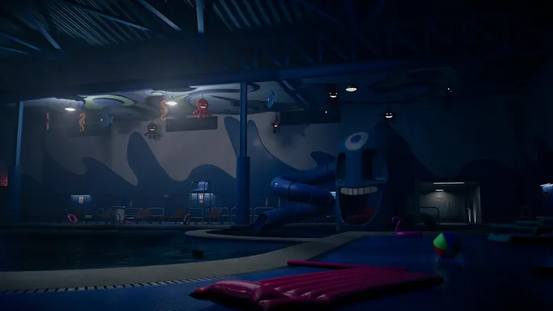 A night pool hall with a wave mural on the wall