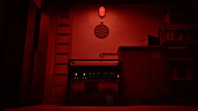 A machine room lit red