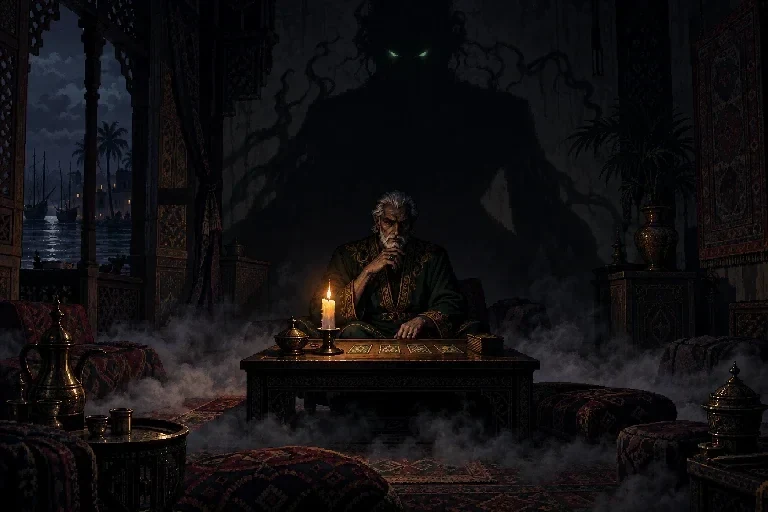 The Shaikh at his table, a shadow rising behind him