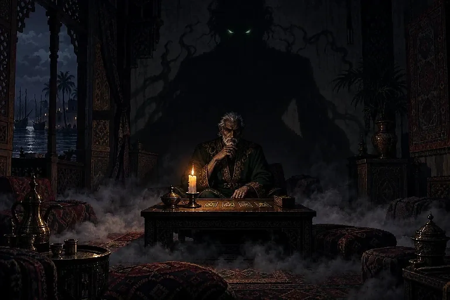 Shaikh al-Baloot: the Shaikh at his table by candlelight, a shadow behind him