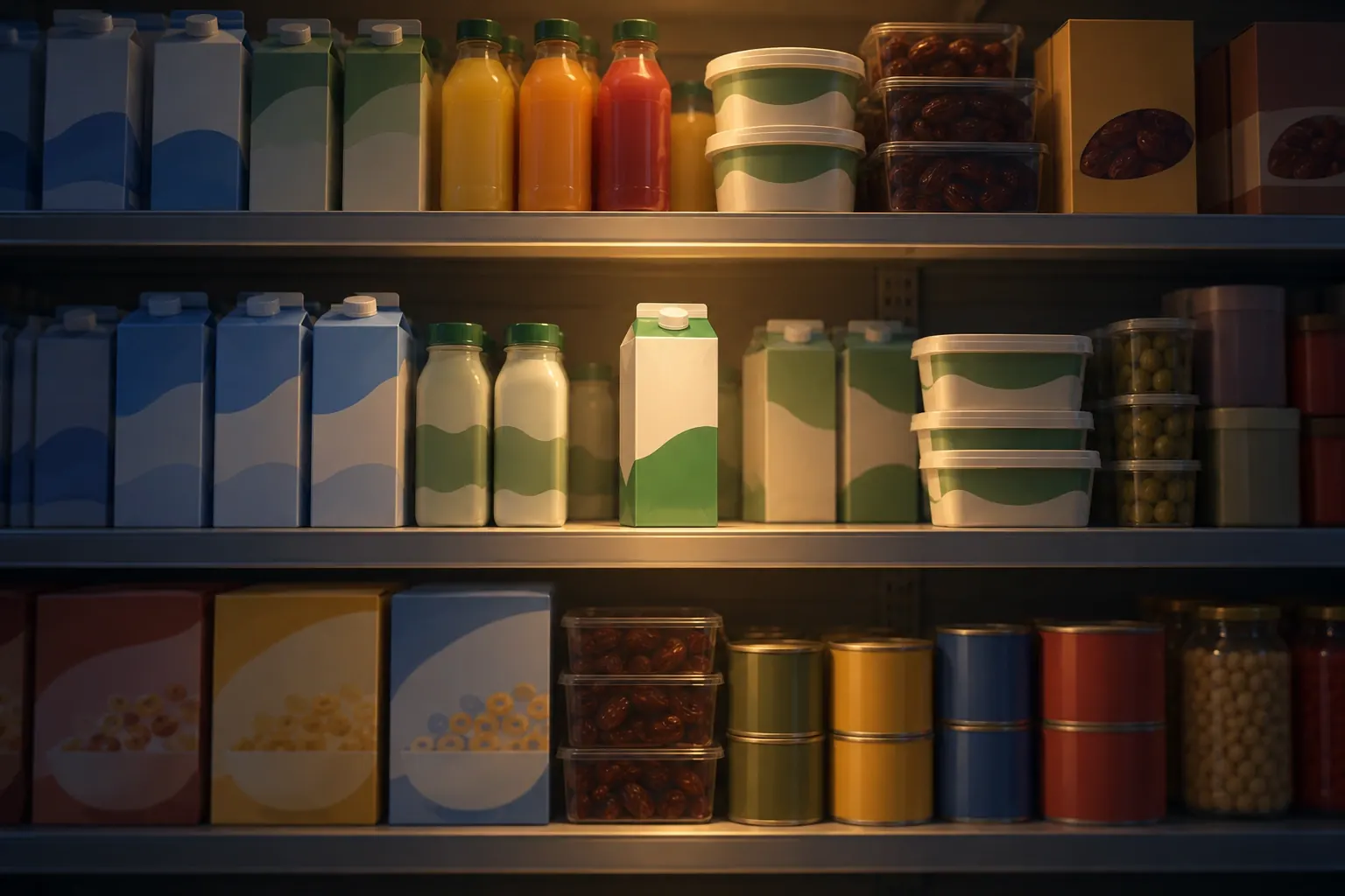 A grocery shelf in Jeddah: milk, juice, labneh and dates