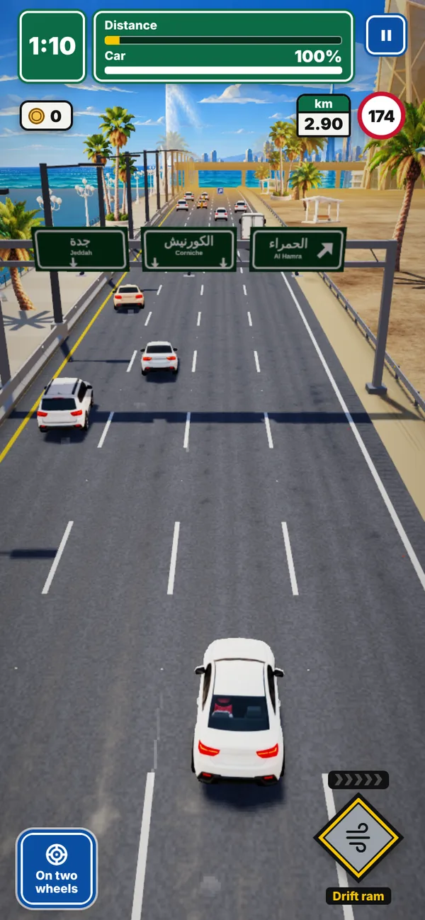 Driving the Jeddah Corniche under the overhead signs