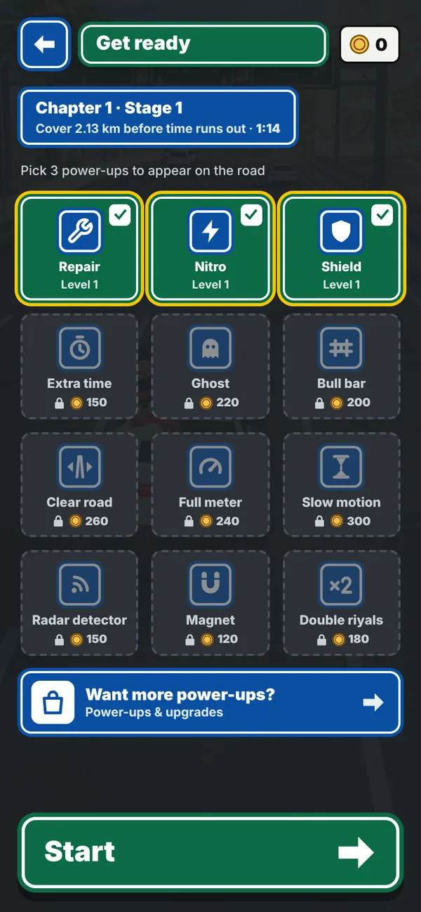 Choosing three power-ups before a stage