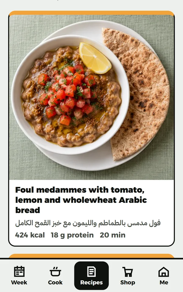 Recipes: foul medammes with tomato, lemon and wholewheat Arabic bread
